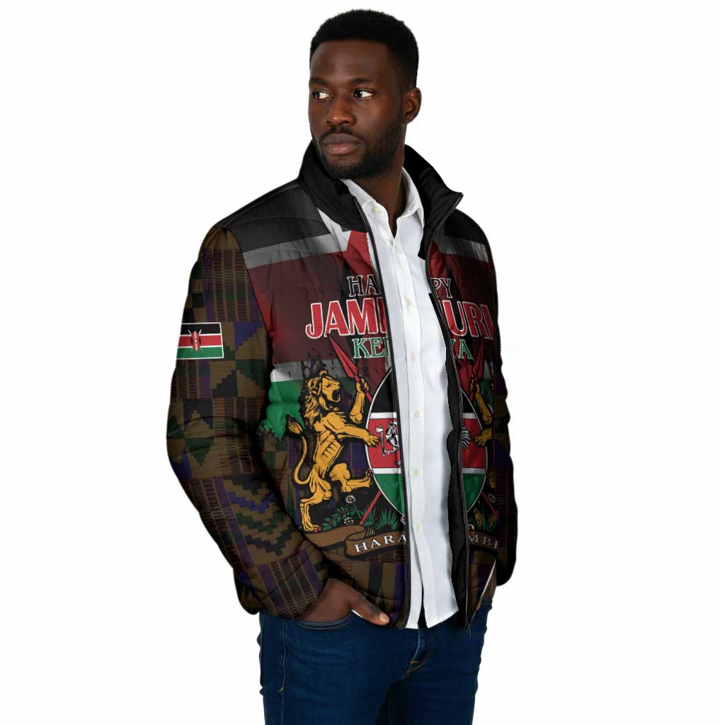 Happy Kenya Independence Day Padded Jacket Coat Of Arms With Kente Pattern