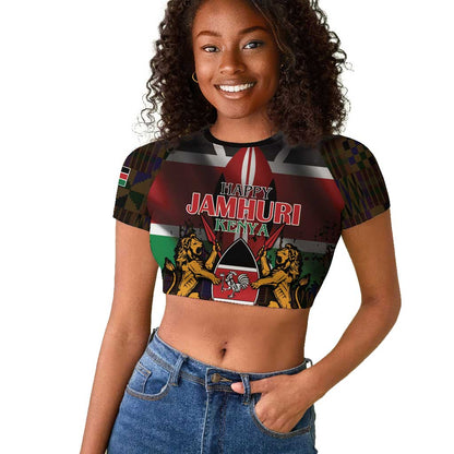 Kenya Jamhuri Day Raglan Cropped T shirt Coat Of Arms With Kente Pattern - African Pride