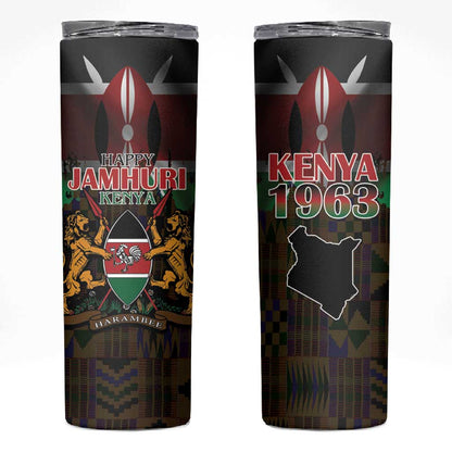 Kenya Jamhuri Day Skinny Tumbler Coat Of Arms With Kente Pattern - African Pride