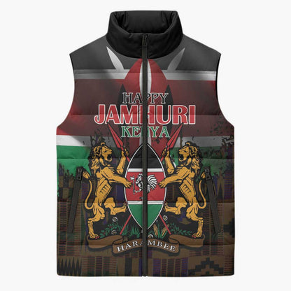 Happy Kenya Independence Day Sleeveless Puffer Jacket Coat Of Arms With Kente Pattern