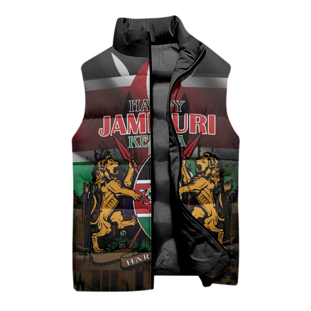 Happy Kenya Independence Day Sleeveless Puffer Jacket Coat Of Arms With Kente Pattern