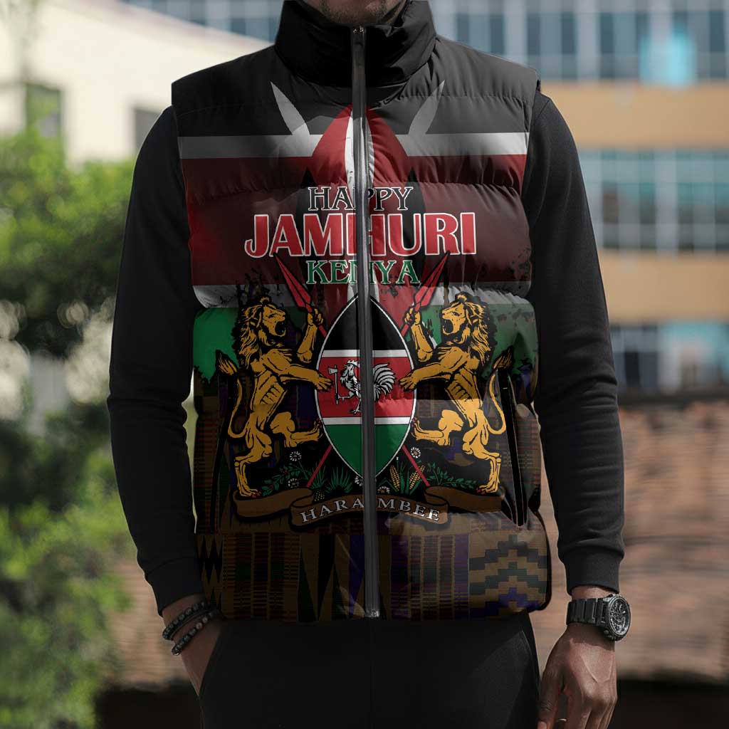 Happy Kenya Independence Day Sleeveless Puffer Jacket Coat Of Arms With Kente Pattern