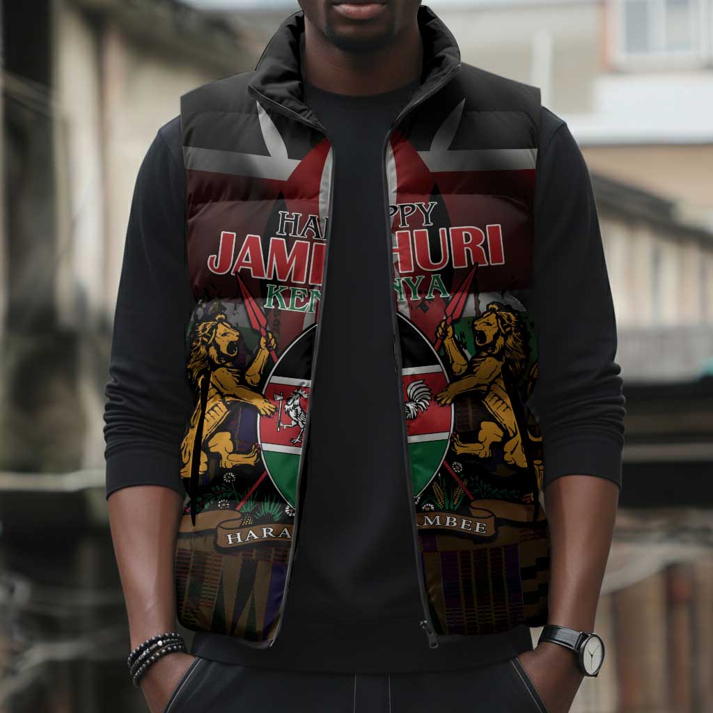 Happy Kenya Independence Day Sleeveless Puffer Jacket Coat Of Arms With Kente Pattern