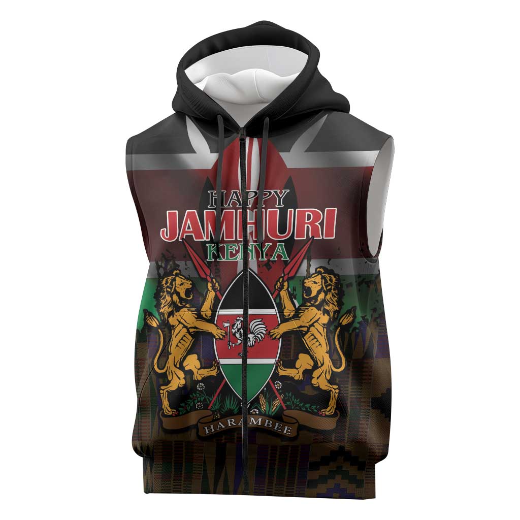 Kenya Jamhuri Day Sleeveless Zip Hoodie Coat Of Arms With Kente Pattern - African Pride
