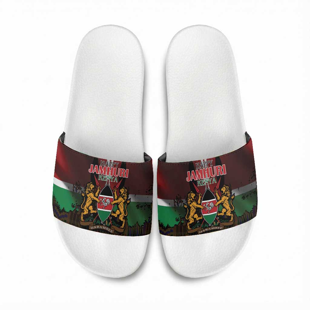 Happy Kenya Independence Day Slide Sandals Coat Of Arms With Kente Pattern