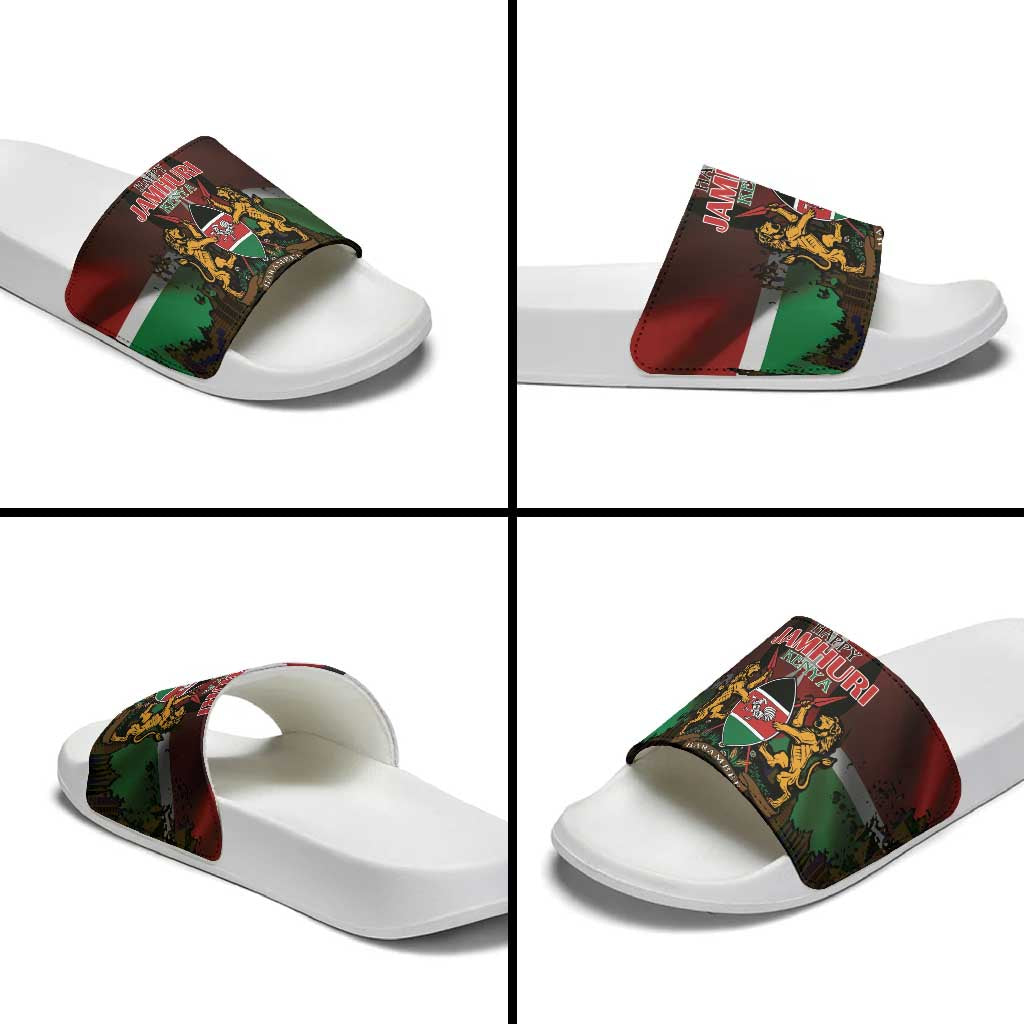 Happy Kenya Independence Day Slide Sandals Coat Of Arms With Kente Pattern