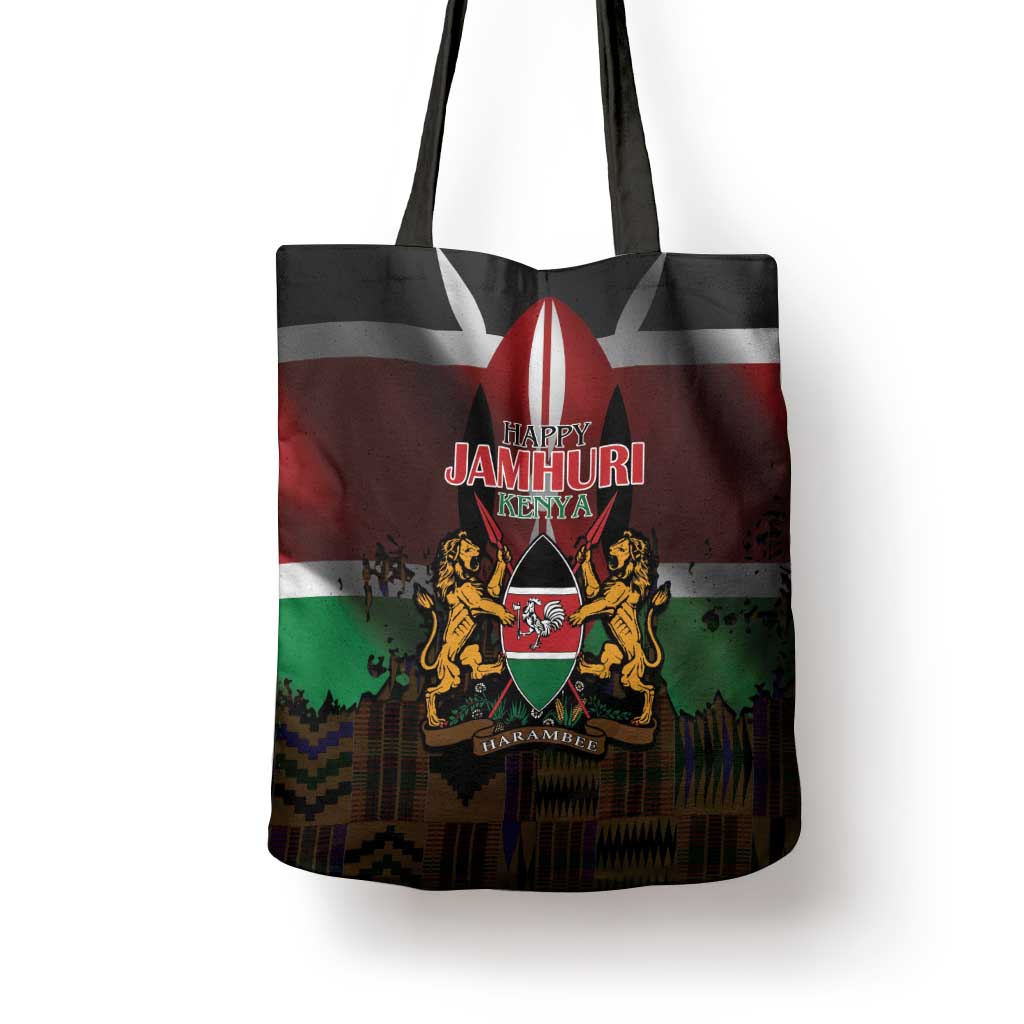 Happy Kenya Independence Day Tote Bag Coat Of Arms With Kente Pattern