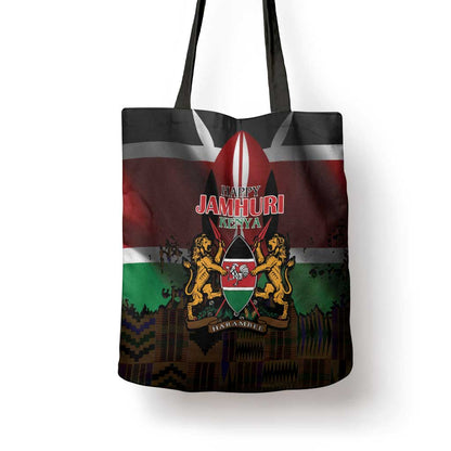 Happy Kenya Independence Day Tote Bag Coat Of Arms With Kente Pattern