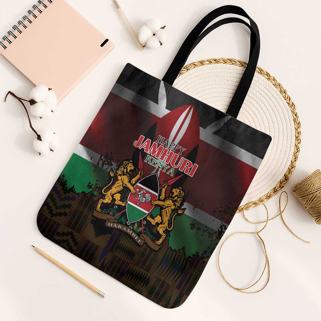 Happy Kenya Independence Day Tote Bag Coat Of Arms With Kente Pattern