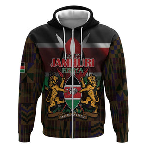 Kenya Jamhuri Day Zip Hoodie Coat Of Arms With Kente Pattern - African Pride