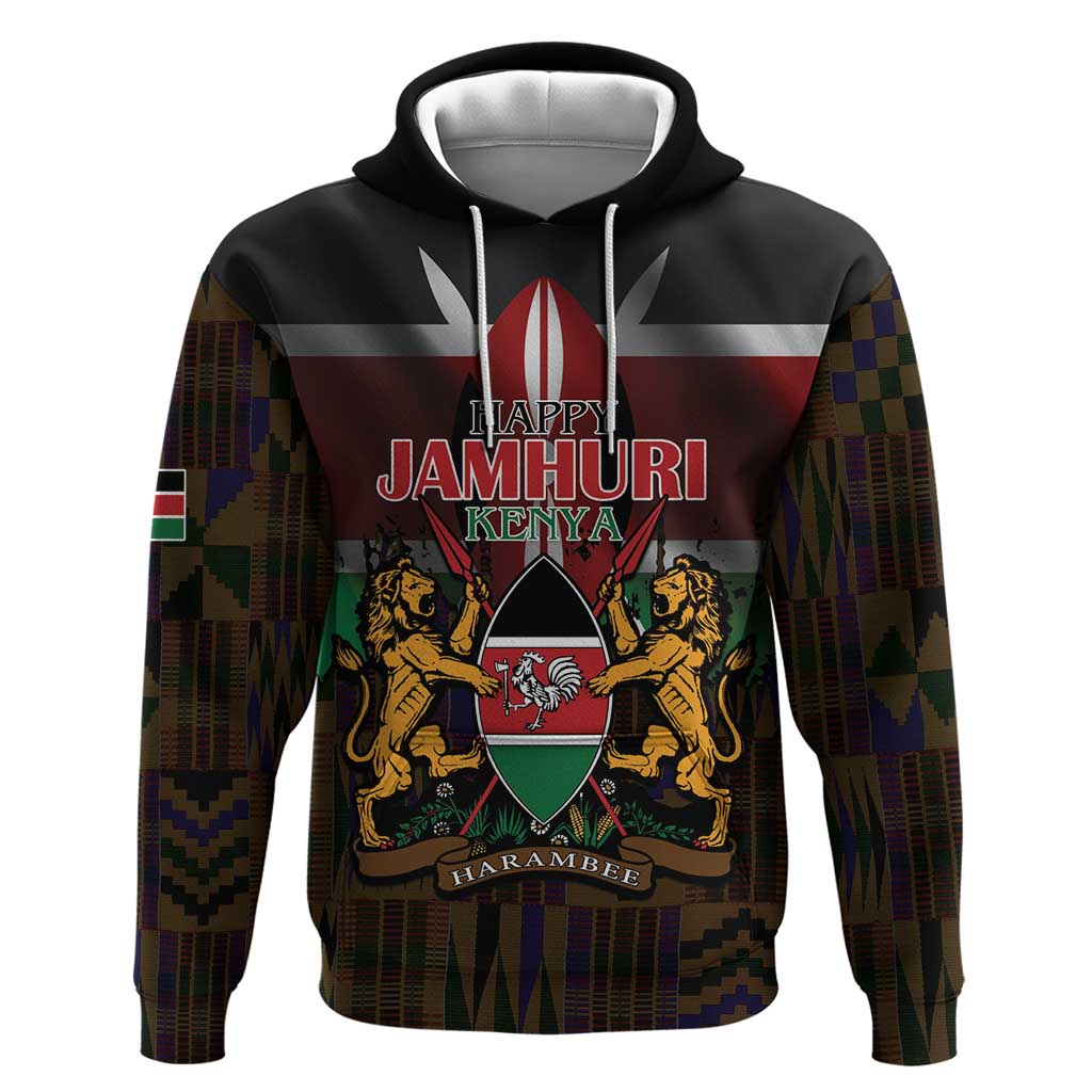 Kenya Jamhuri Day Zip Hoodie Coat Of Arms With Kente Pattern - African Pride