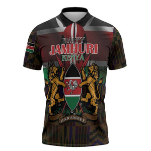Happy Kenya Independence Day Zipper Polo Shirt Coat Of Arms With Kente Pattern