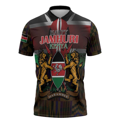 Happy Kenya Independence Day Zipper Polo Shirt Coat Of Arms With Kente Pattern