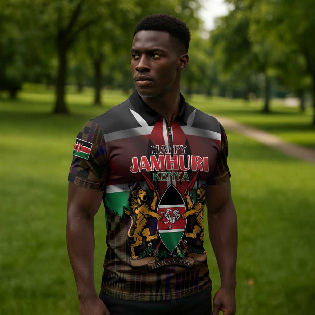 Happy Kenya Independence Day Zipper Polo Shirt Coat Of Arms With Kente Pattern