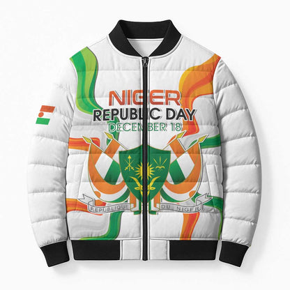 Personalized Niger Republic Day Bomber Puffer Jacket Coat Of Arms With Flag
