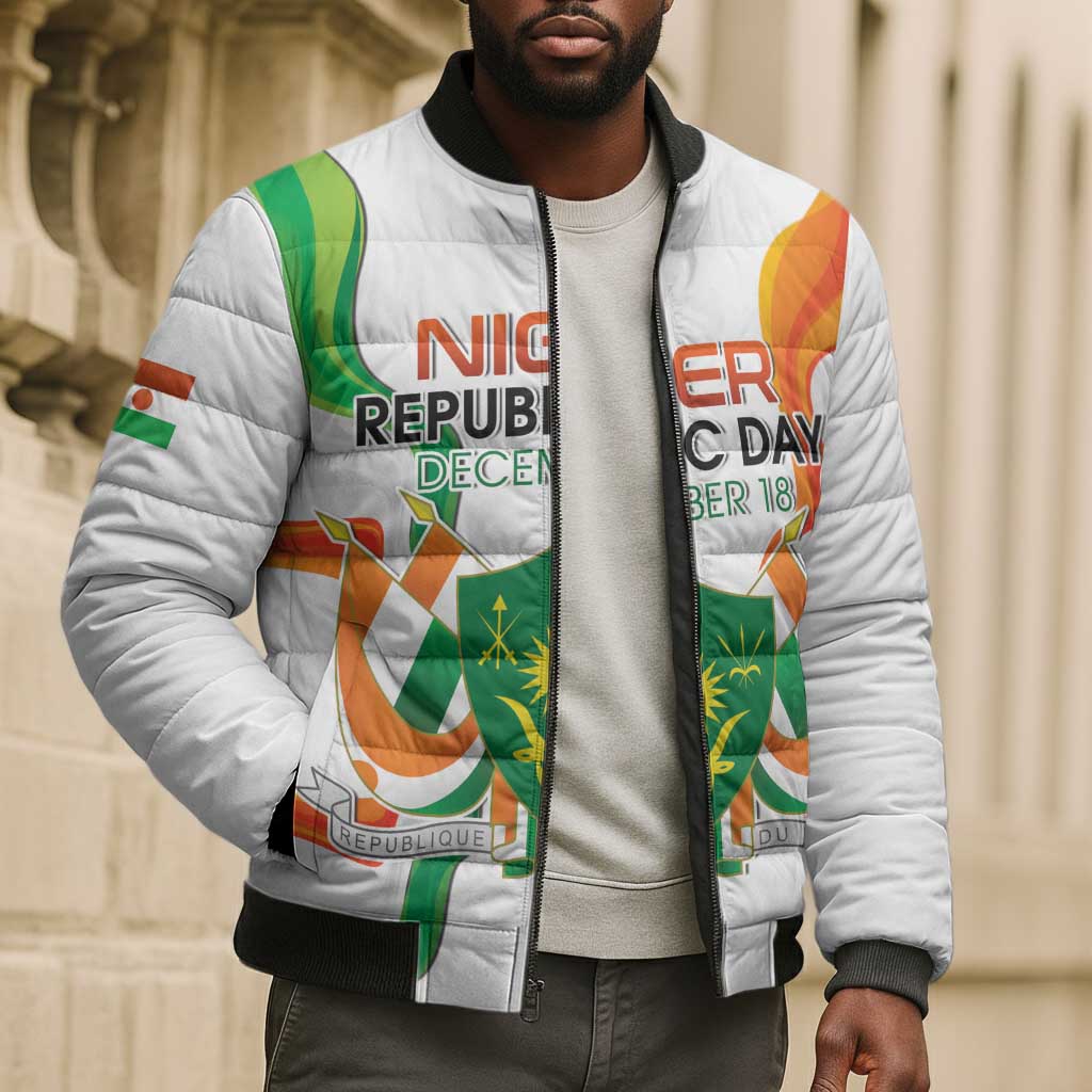 Personalized Niger Republic Day Bomber Puffer Jacket Coat Of Arms With Flag