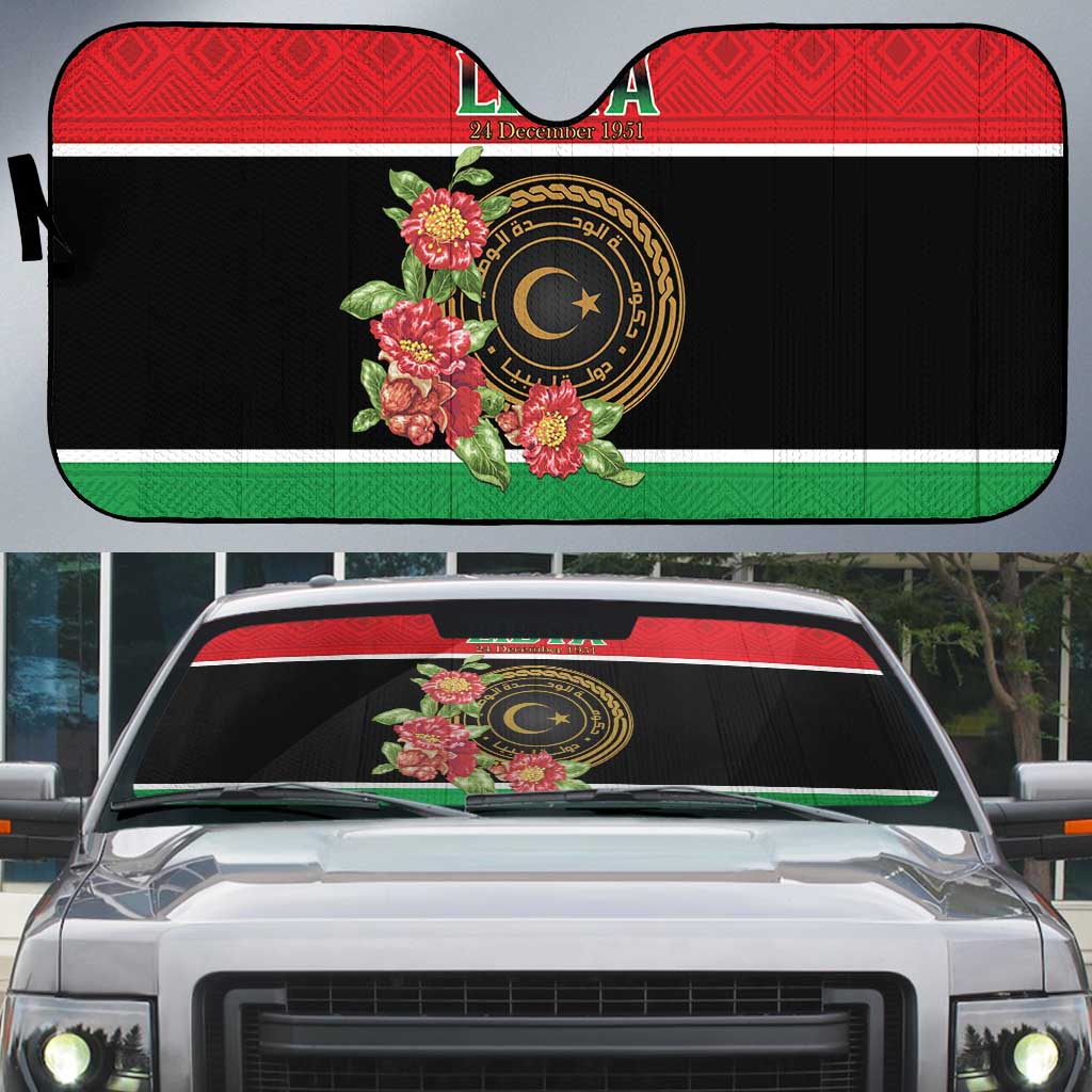 Libya Independence Day Auto Sun Shade Pomegranate Blossom With Libyan Seal