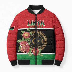 Personalized Libya Independence Day Bomber Puffer Jacket Pomegranate Blossom With Libyan Seal