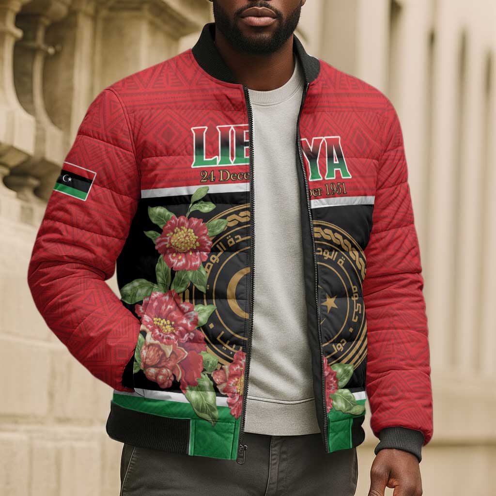 Personalized Libya Independence Day Bomber Puffer Jacket Pomegranate Blossom With Libyan Seal