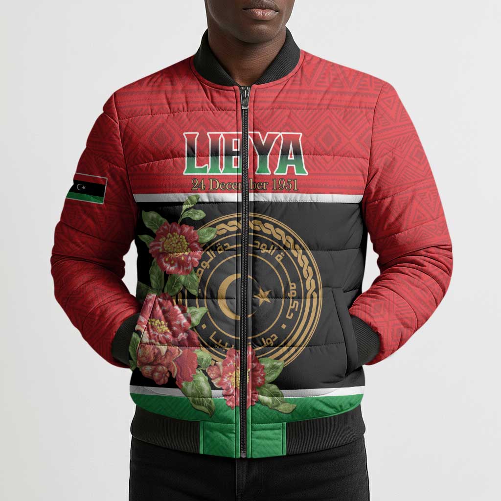Personalized Libya Independence Day Bomber Puffer Jacket Pomegranate Blossom With Libyan Seal