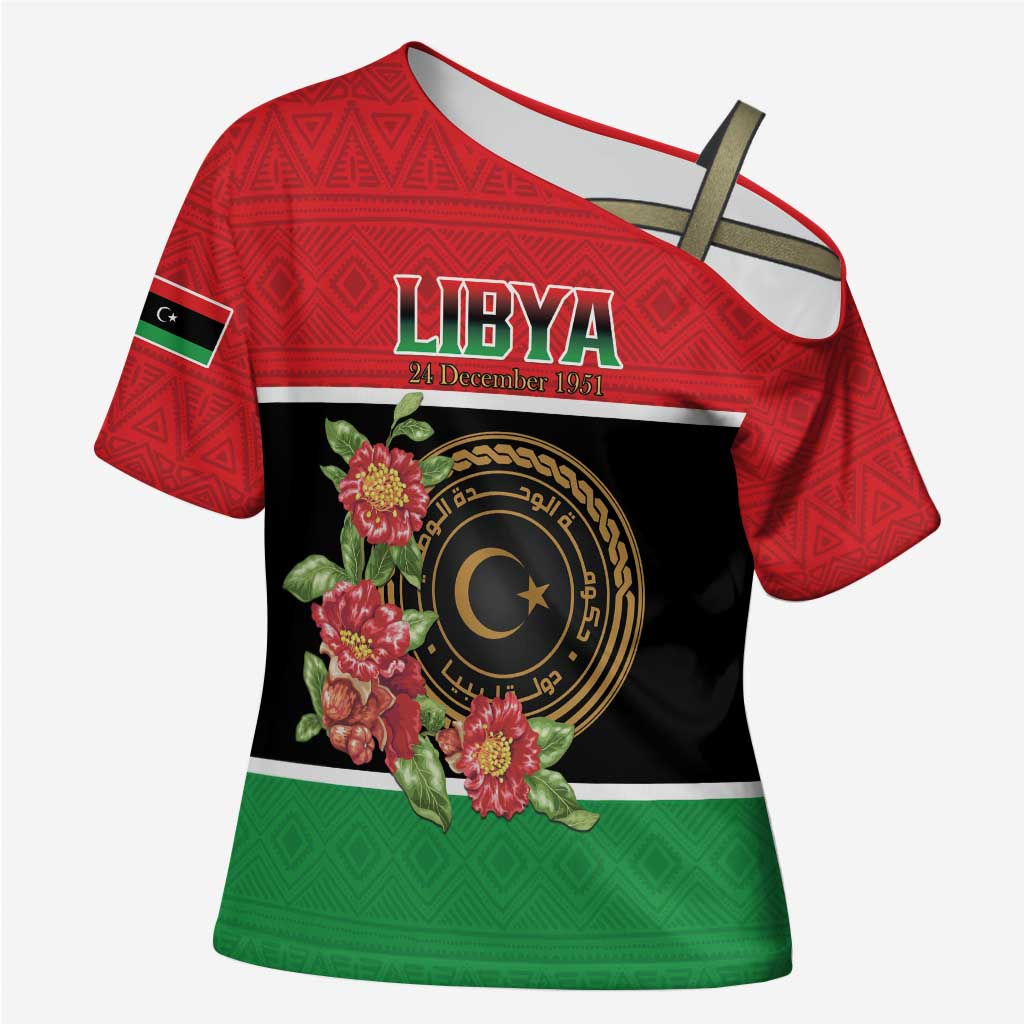 Personalized Libya Independence Day Cross Shoulder Shirt Pomegranate Blossom With Libyan Seal