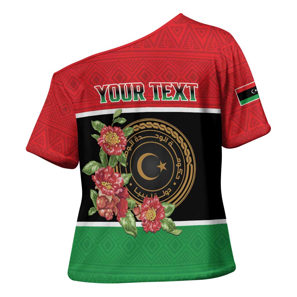 Personalized Libya Independence Day Cross Shoulder Shirt Pomegranate Blossom With Libyan Seal