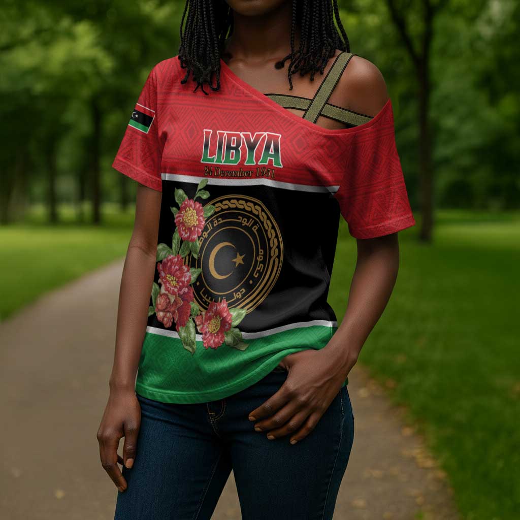 Personalized Libya Independence Day Cross Shoulder Shirt Pomegranate Blossom With Libyan Seal