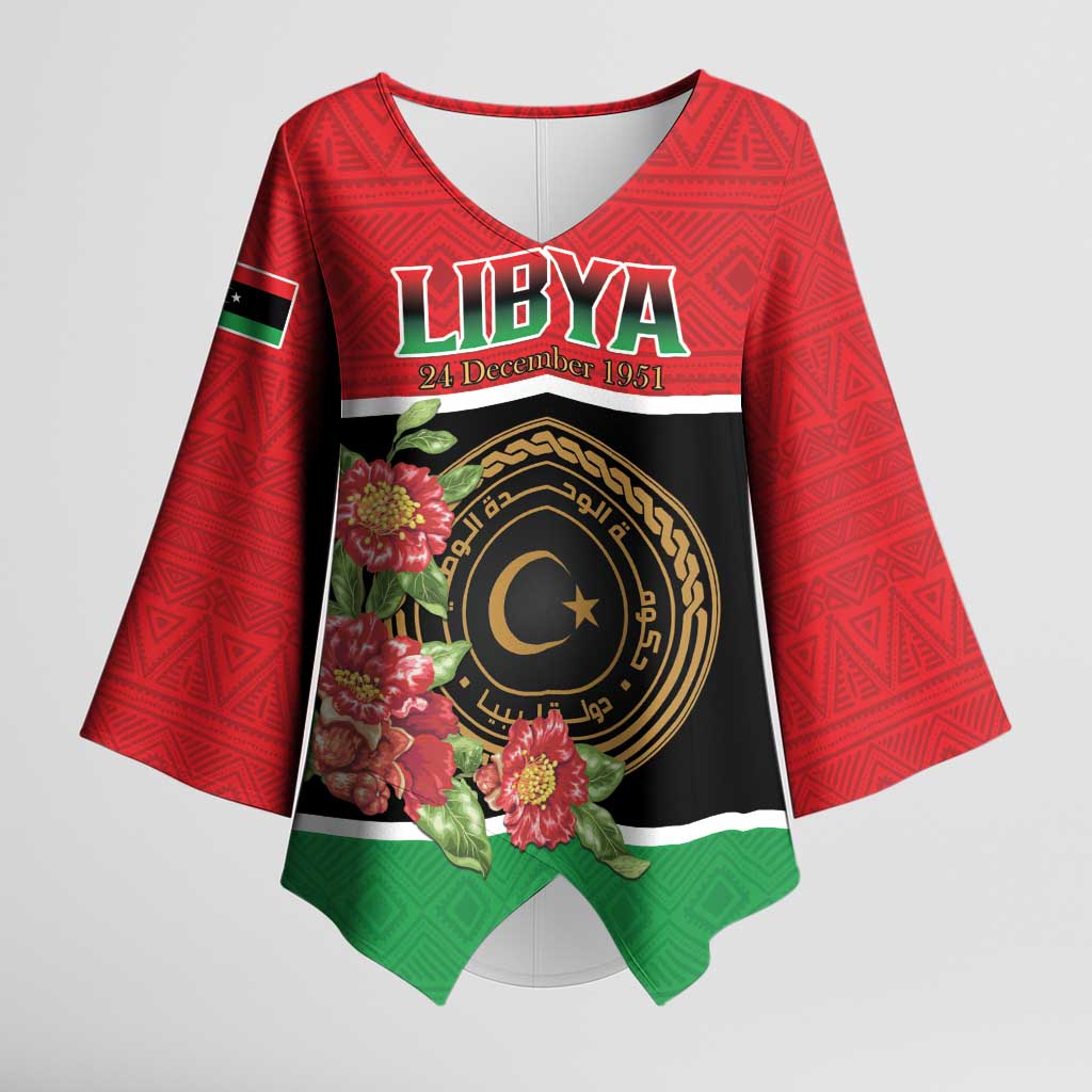 Personalized Libya Independence Day Kimono Sleeve Blouse Pomegranate Blossom With Libyan Seal