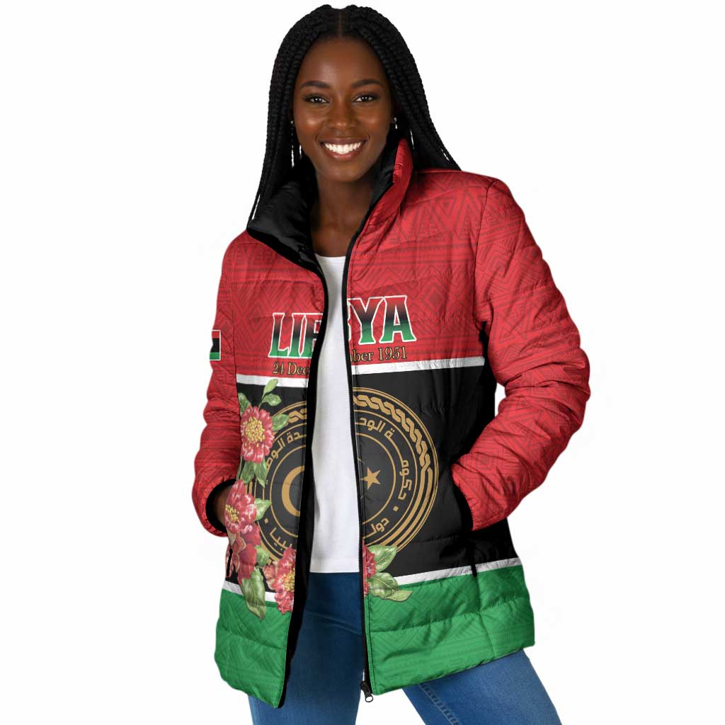Personalized Libya Independence Day Padded Jacket Pomegranate Blossom With Libyan Seal
