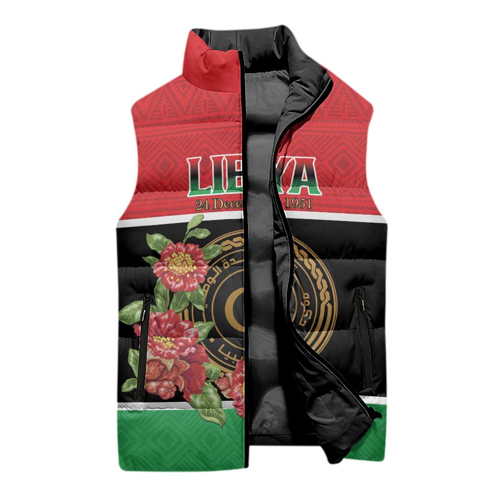Personalized Libya Independence Day Sleeveless Puffer Jacket Pomegranate Blossom With Libyan Seal