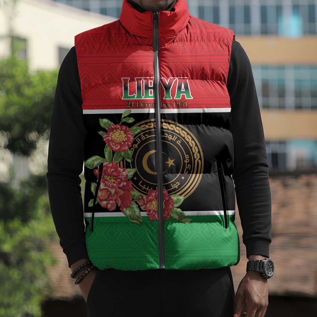 Personalized Libya Independence Day Sleeveless Puffer Jacket Pomegranate Blossom With Libyan Seal
