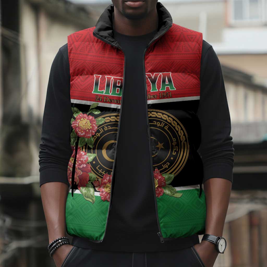 Personalized Libya Independence Day Sleeveless Puffer Jacket Pomegranate Blossom With Libyan Seal