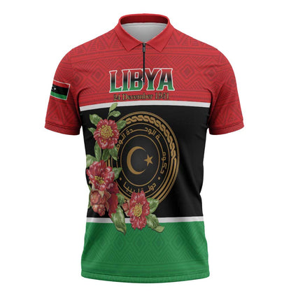 Personalized Libya Independence Day Zipper Polo Shirt Pomegranate Blossom With Libyan Seal