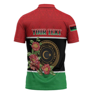 Personalized Libya Independence Day Zipper Polo Shirt Pomegranate Blossom With Libyan Seal