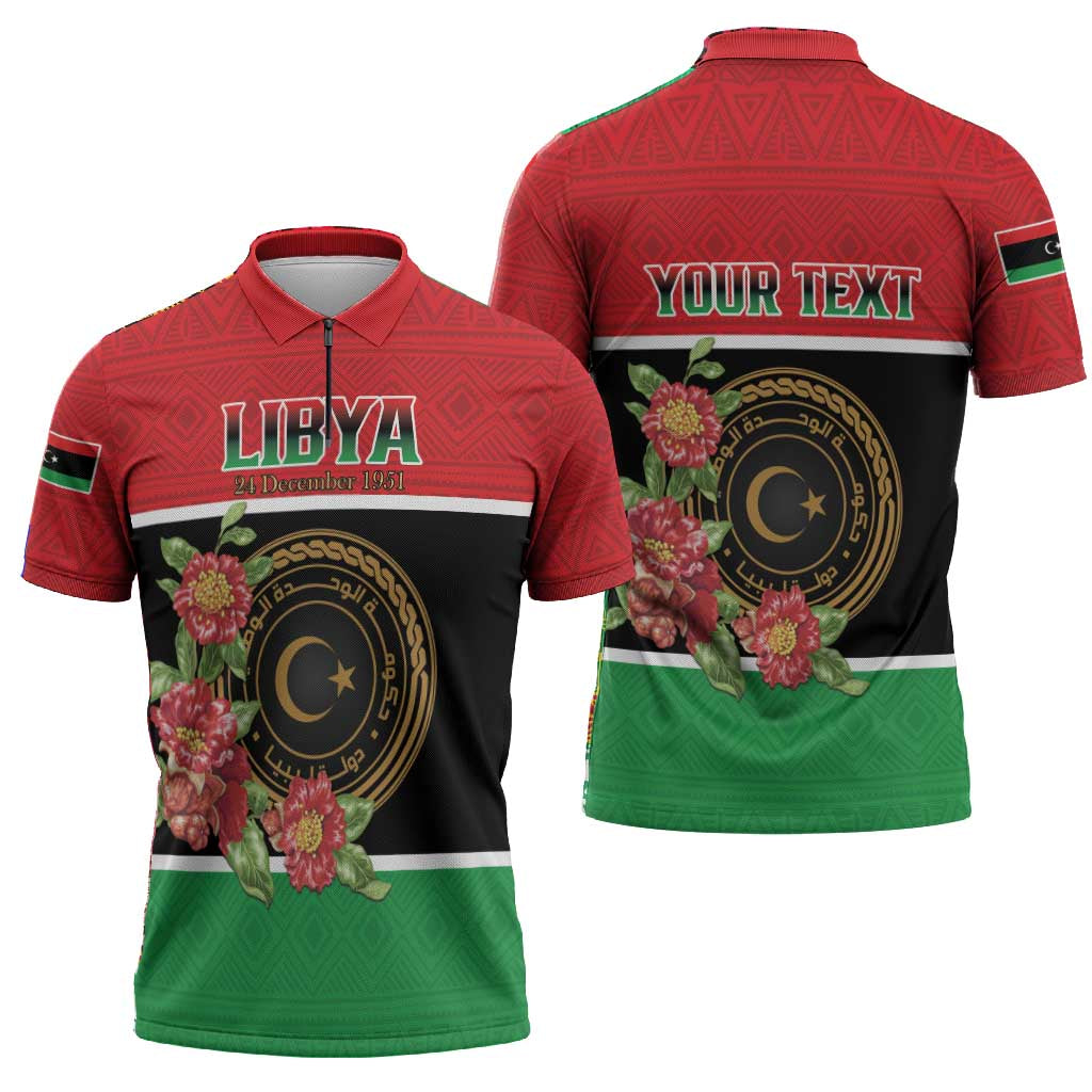 Personalized Libya Independence Day Zipper Polo Shirt Pomegranate Blossom With Libyan Seal