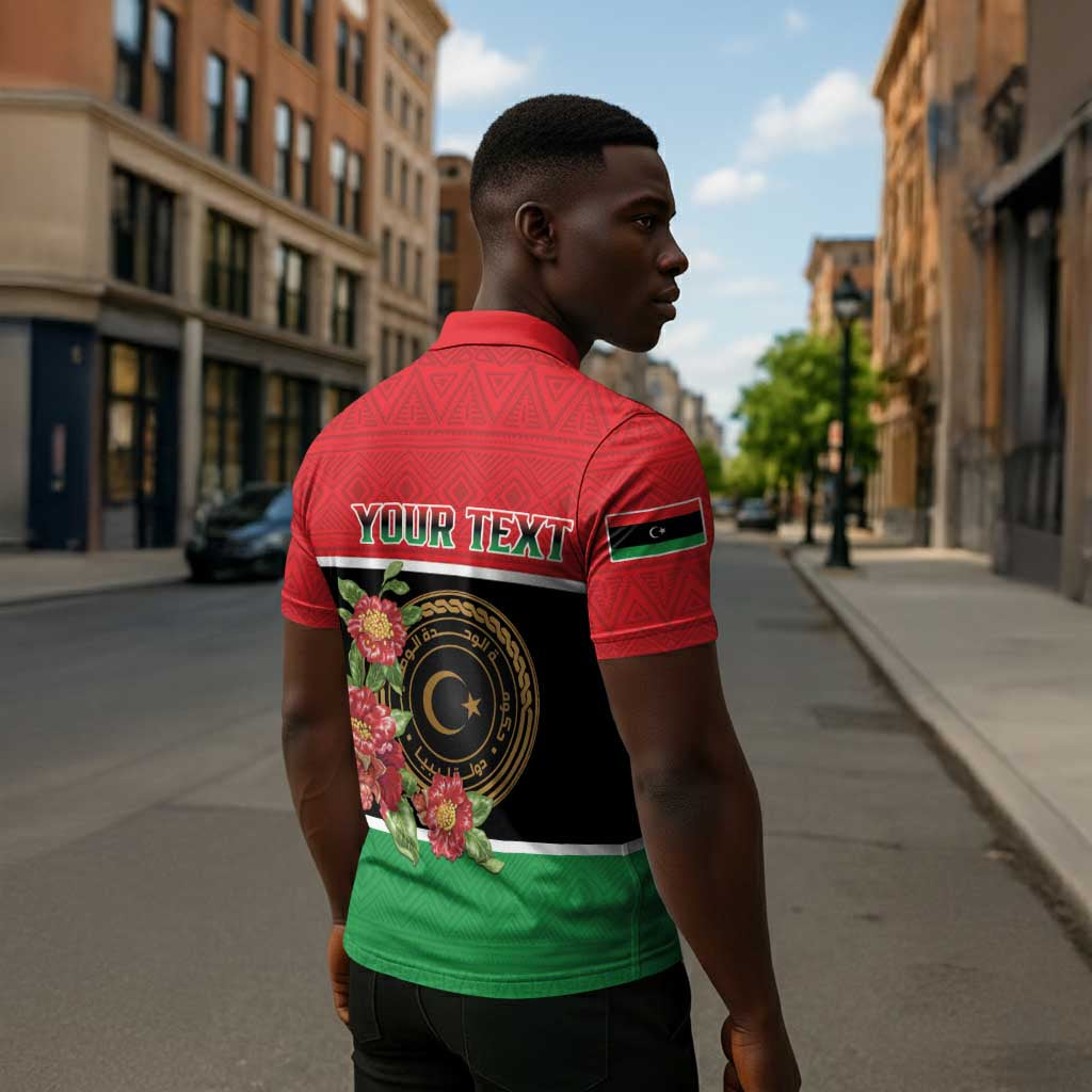 Personalized Libya Independence Day Zipper Polo Shirt Pomegranate Blossom With Libyan Seal