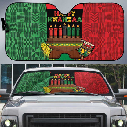 Happy Kwanzaa Auto Sun Shade Kinara With Kente Pattern