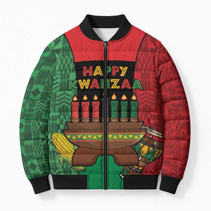 Personalized Happy Kwanzaa Bomber Puffer Jacket Kinara With Kente Pattern