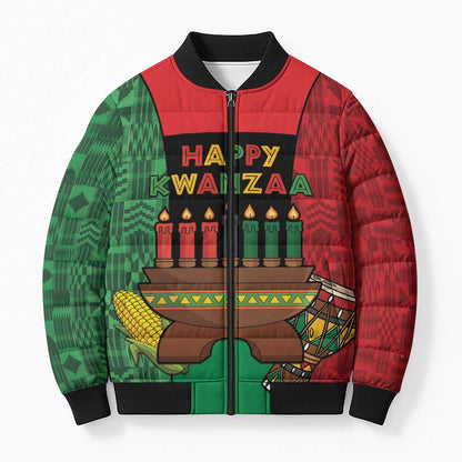 Personalized Happy Kwanzaa Bomber Puffer Jacket Kinara With Kente Pattern