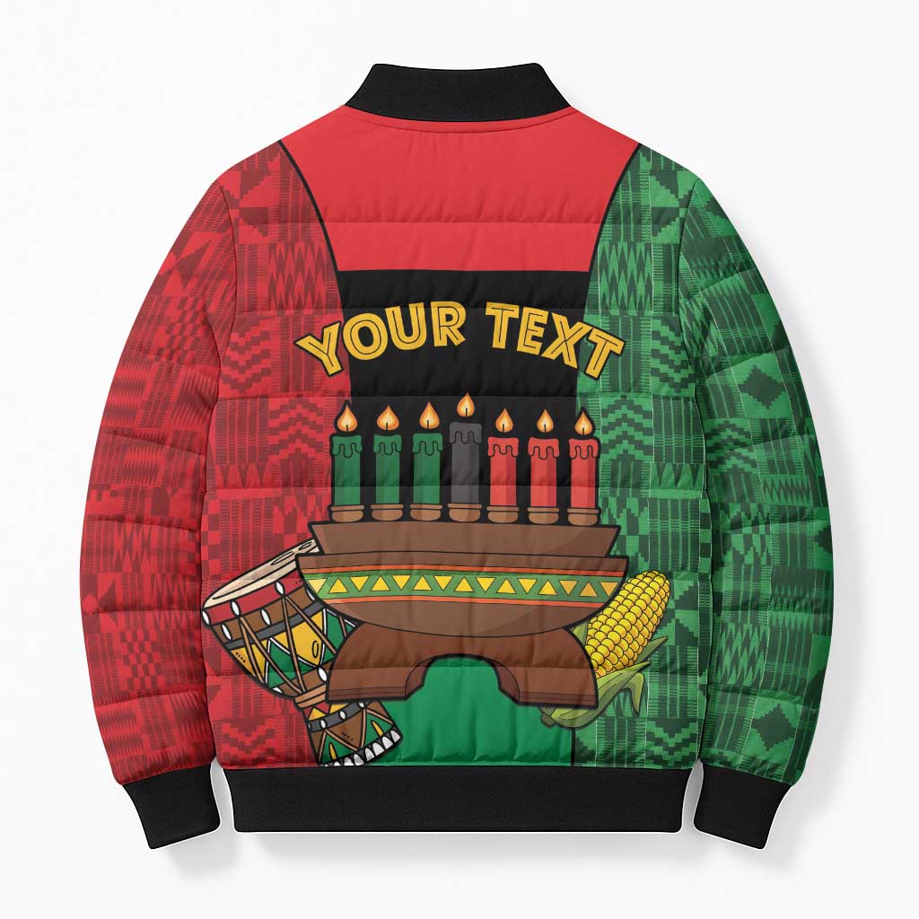 Personalized Happy Kwanzaa Bomber Puffer Jacket Kinara With Kente Pattern