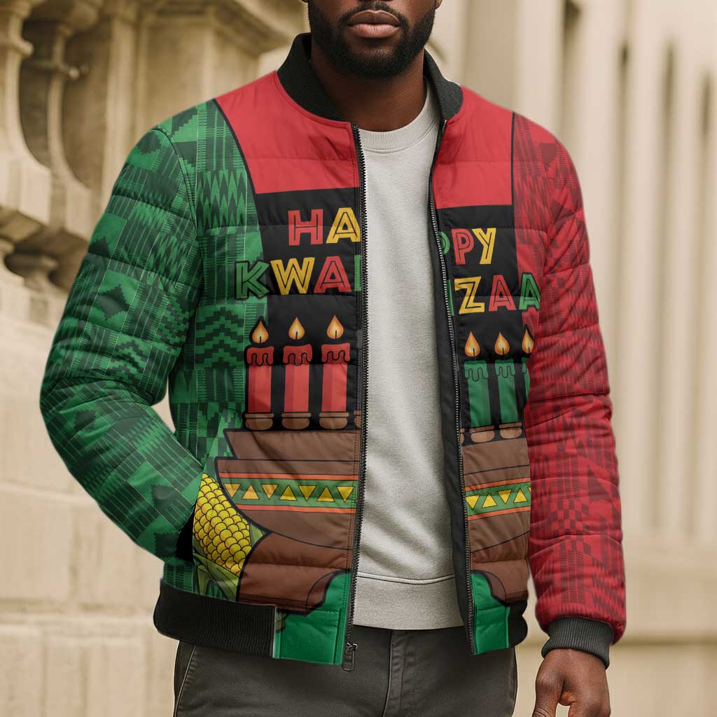 Personalized Happy Kwanzaa Bomber Puffer Jacket Kinara With Kente Pattern