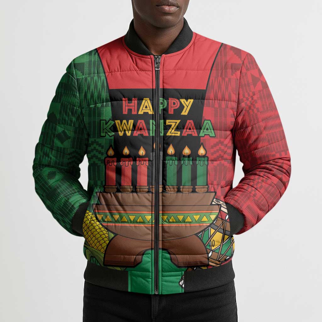 Personalized Happy Kwanzaa Bomber Puffer Jacket Kinara With Kente Pattern