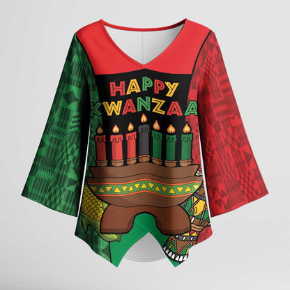 Personalized Happy Kwanzaa Kimono Sleeve Blouse Kinara With Kente Pattern
