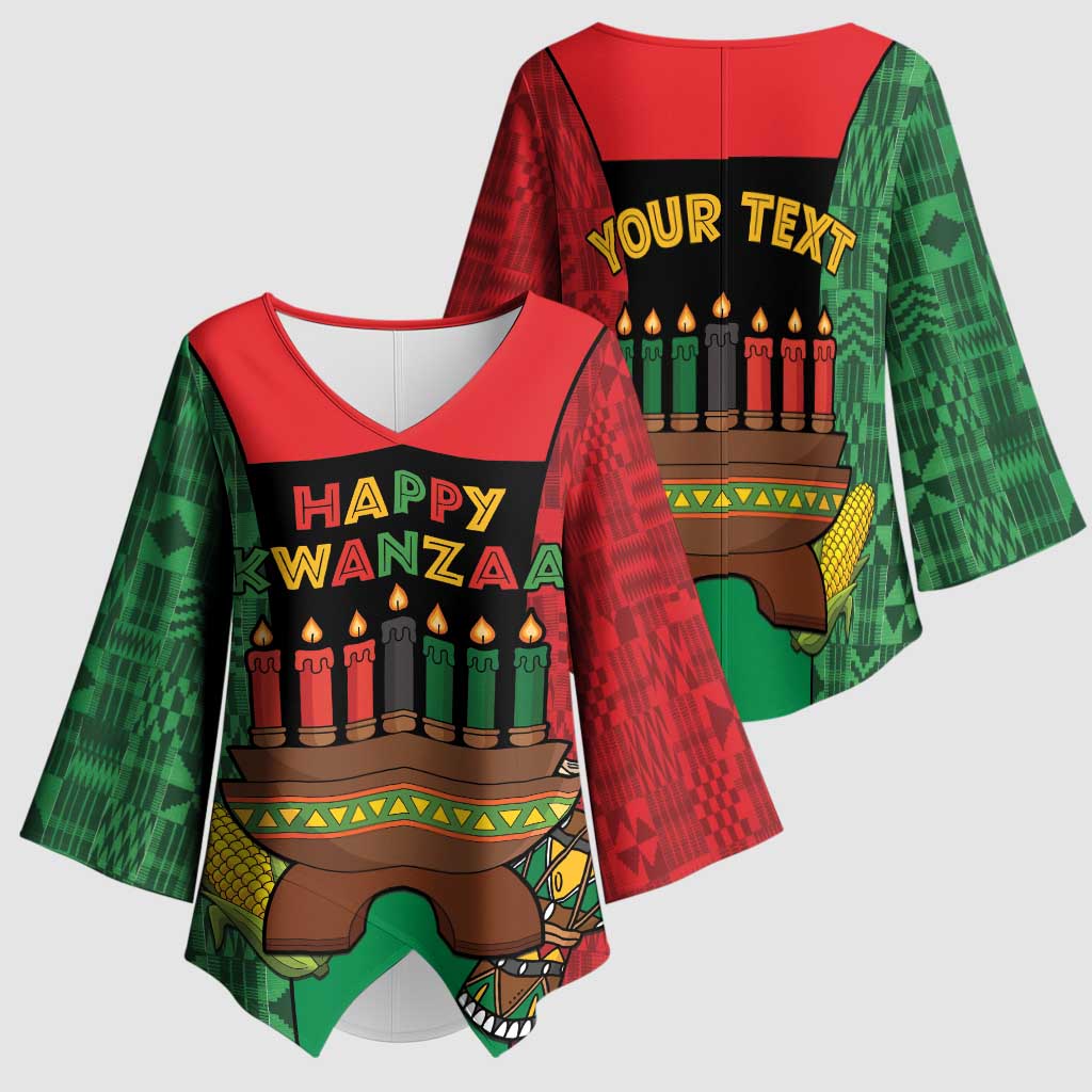 Personalized Happy Kwanzaa Kimono Sleeve Blouse Kinara With Kente Pattern