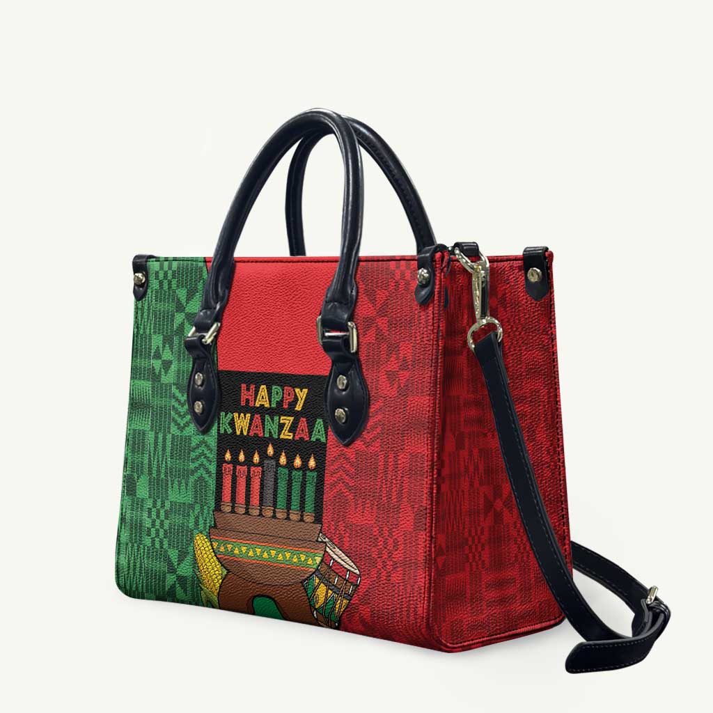Happy Kwanzaa Leather Bag Kinara With Kente Pattern