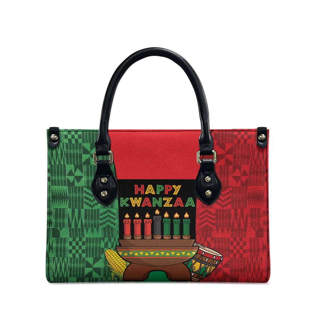 Happy Kwanzaa Leather Bag Kinara With Kente Pattern