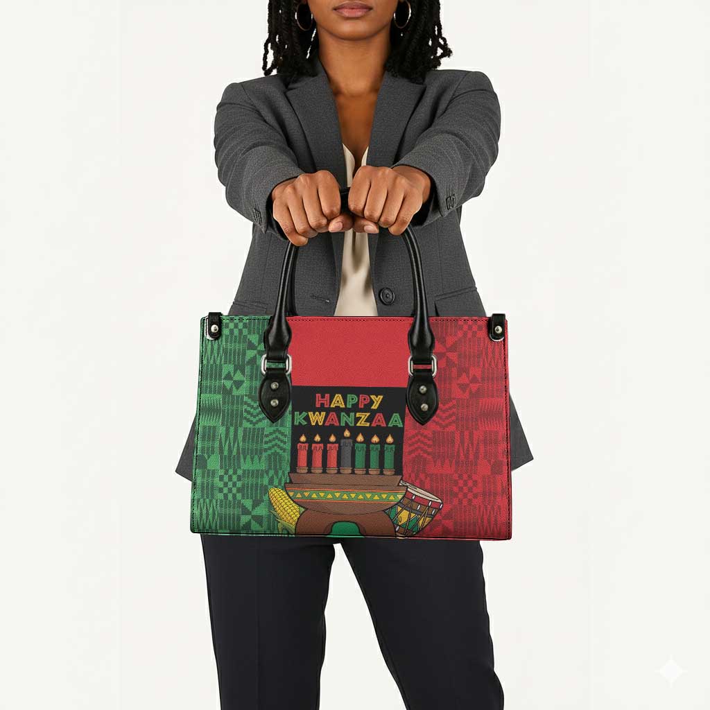 Happy Kwanzaa Leather Bag Kinara With Kente Pattern