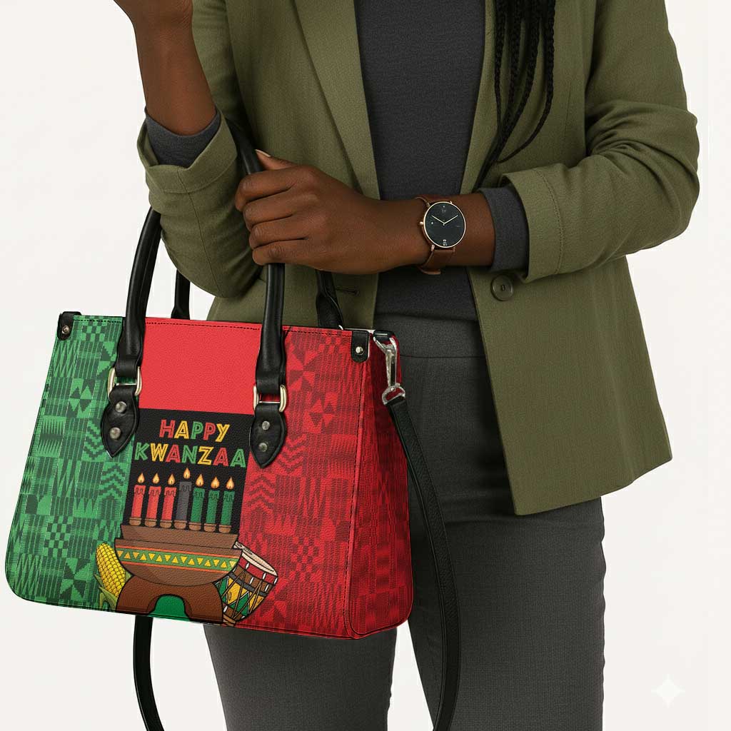 Happy Kwanzaa Leather Bag Kinara With Kente Pattern