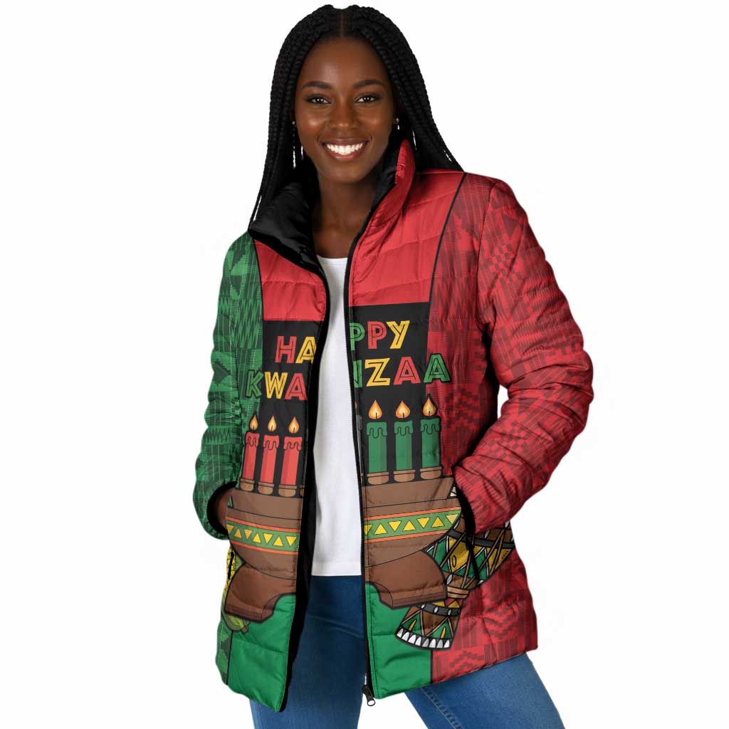 Personalized Happy Kwanzaa Padded Jacket Kinara With Kente Pattern