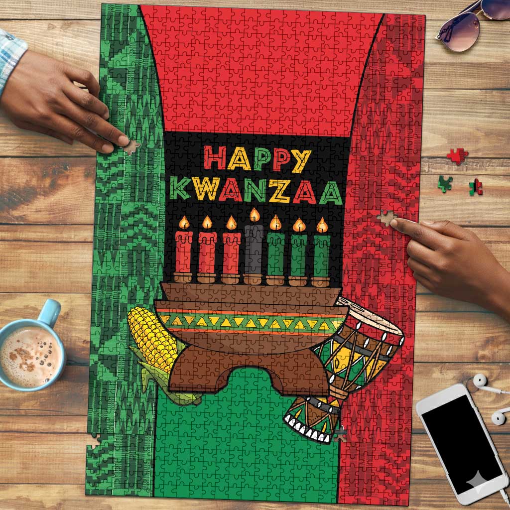 Happy Kwanzaa Puzzle Kinara With Kente Pattern